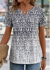 Black Tribal Print Short Sleeve Split Neck T Shirt