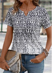 Black Tribal Print Short Sleeve Split Neck T Shirt