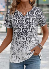 Black Tribal Print Short Sleeve Split Neck T Shirt