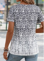Black Tribal Print Short Sleeve Split Neck T Shirt