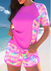 Patchwork Tropical Plants Print Neon Rose Red Tankini Set | thumb picture 