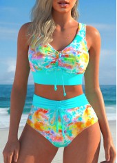 Ruched Tie Dye Print Cyan Bikini Set
