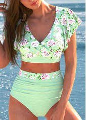 Criss Cross Floral Print Light Green Bikini Set