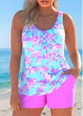 Lace Up Tropical Plants Print Hot Pink Tankini Set
