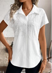 White Patchwork Short Sleeve Shirt Collar Blouse