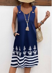 Plus Size Navy Tummy Coverage Geometric Print Sleeveless Dress | thumb picture 
