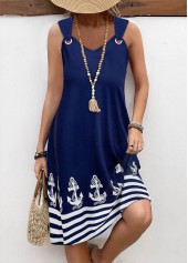 Plus Size Navy Tummy Coverage Geometric Print Sleeveless Dress