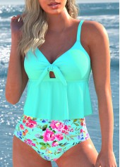 Bowknot Floral Print Mint Green Bikini Set