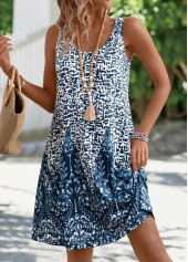 Peacock Blue Pocket Tribal Print A Line Sleeveless Dress | thumb picture 