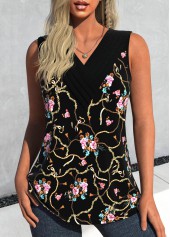 Black Surplice Floral Print Sleeveless V Neck Tank Top