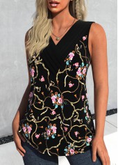 Black Surplice Floral Print Sleeveless V Neck Tank Top