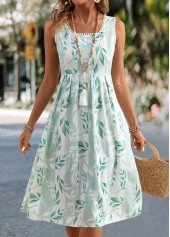 Light Green Leaf Print Sleeveless Square Neck Dress | thumb picture 