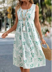 Light Green Leaf Print Sleeveless Square Neck Dress | thumb picture 