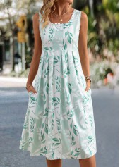 Light Green Leaf Print Sleeveless Square Neck Dress