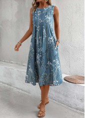 Dusty Blue Plants Print A Line Sleeveless Dress | thumb picture 