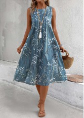 Dusty Blue Plants Print A Line Sleeveless Dress | thumb picture 