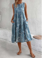 Dusty Blue Plants Print A Line Sleeveless Dress