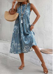 Dusty Blue Plants Print A Line Sleeveless Dress | thumb picture 