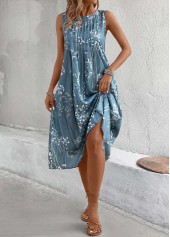 Dusty Blue Plants Print A Line Sleeveless Dress | thumb picture 