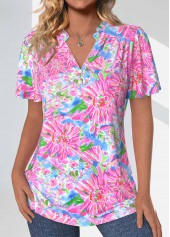 Neon Pink Frill Floral Print Short Sleeve Blouse