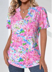Neon Pink Frill Floral Print Short Sleeve Blouse