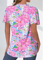 Neon Pink Frill Floral Print Short Sleeve Blouse