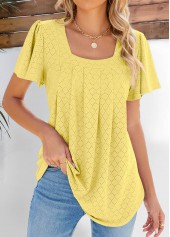 Light Yellow Pleated Short Sleeve Square Neck Blouse