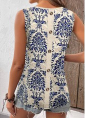 Navy Button Tribal Print Sleeveless Square Neck Tank Top