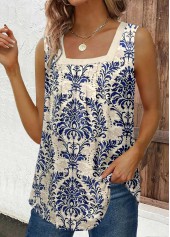 Navy Button Tribal Print Sleeveless Square Neck Tank Top | thumb picture 