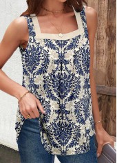 Navy Button Tribal Print Sleeveless Square Neck Tank Top | thumb picture 