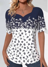 Navy Textured Fabric Ditsy Floral Print T Shirt