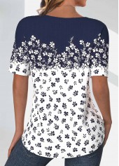 Navy Textured Fabric Ditsy Floral Print T Shirt