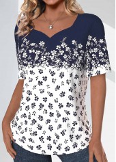 Navy Textured Fabric Ditsy Floral Print T Shirt