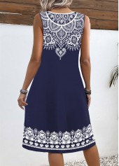Navy Tummy Coverage Tribal Print Sleeveless V Neck Dress | thumb picture 