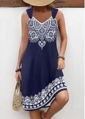 Navy Tummy Coverage Tribal Print Sleeveless V Neck Dress