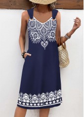 Navy Tummy Coverage Tribal Print Sleeveless V Neck Dress | thumb picture 