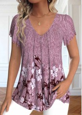 Dark Reddish Purple Embroidery Floral Print T Shirt