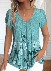 Mint Green Embroidery Floral Print Short Sleeve T Shirt