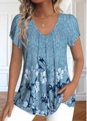 Dusty Blue Embroidery Floral Print Short Sleeve T Shirt