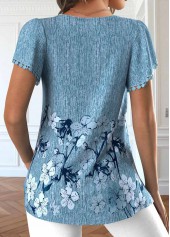 Dusty Blue Embroidery Floral Print Short Sleeve T Shirt