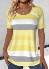 Light Yellow Button Striped Short Sleeve T Shirt
