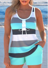 Bowknot Patchwork Striped Cyan Tankini Set