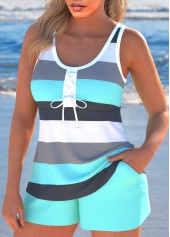 Bowknot Patchwork Striped Cyan Tankini Set | thumb picture 