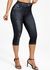 Black Denim-effect Print High Waisted Capri Elastic Waist Leggings | thumb picture 