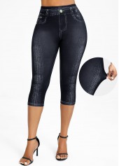 Black Denim-effect Print High Waisted Capri Elastic Waist Leggings