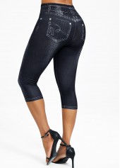 Black Denim-effect Print High Waisted Capri Elastic Waist Leggings | thumb picture 