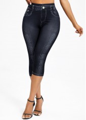 Black Denim-effect Print High Waisted Capri Elastic Waist Leggings | thumb picture 