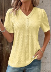 Light Yellow Patchwork Short Sleeve V Neck T Shirt