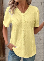 Light Yellow Patchwork Short Sleeve V Neck T Shirt