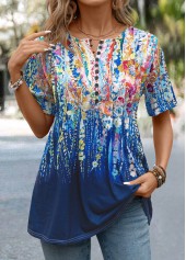 Dark Blue Button Graffiti Print Short Sleeve T Shirt